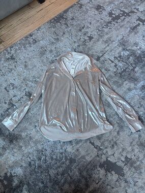 Anthropologie Shimmery Silver Button-Up Top